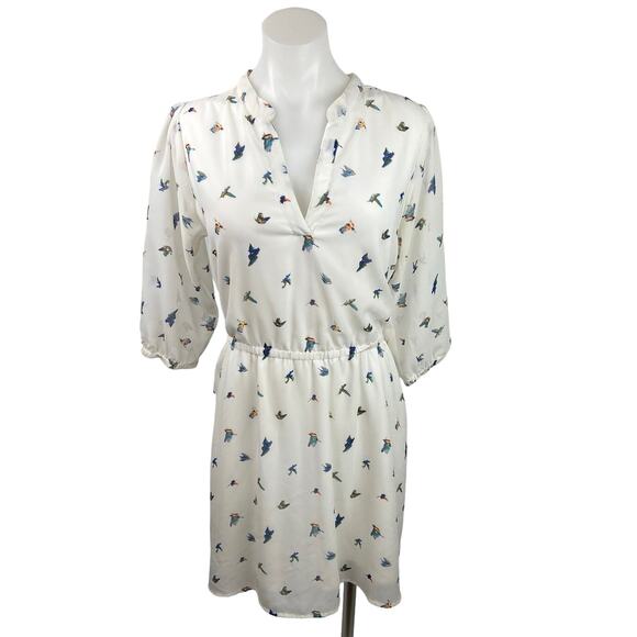 Yumi White Bird Print V-Neck Half Sleeve Elastic Waist Pull On Shirt Dress 6/8 - Picture 1 of 4